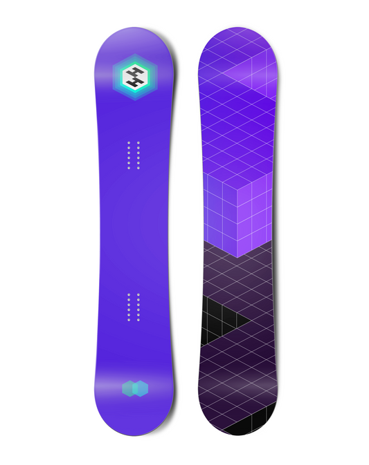The Inventory Not Tracked Snowboard with a purple geometric cube design and modern logo elements.